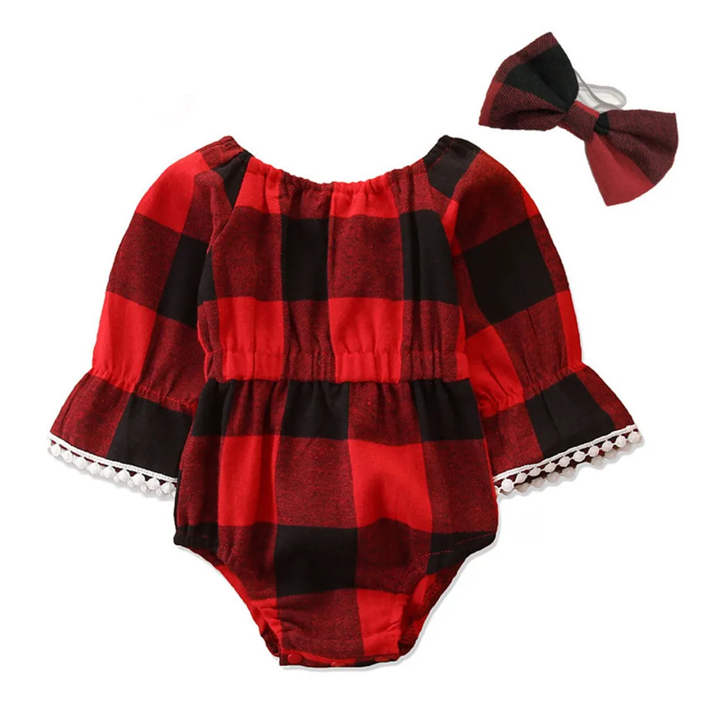 

3-24M Infant Baby Girl Lace Plaid Tassel Bodysuit + Headband Long Sleeve Newborn Baby Clothes Cotton Jumpsuit Baby Body Suit