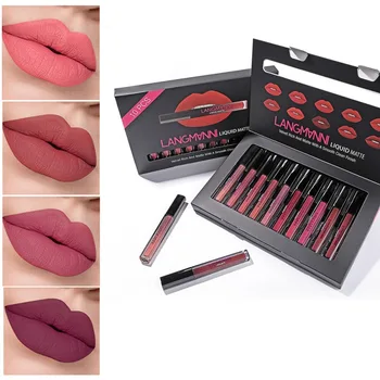 

Langmanni 10pcs Lip Gloss Set Lip Glaze Matte Long Lasting Non-stick Cup Waterproof Liquid Lipstick Beauty Make Up Lip Gloss