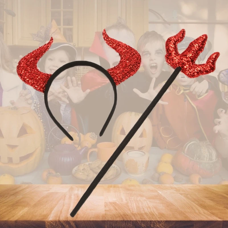 1 Set Devil Cow Horns Headband Hairpin Toy Headwear Fancy Dress Accessories for Halloween Masquerade Party Decoration Props