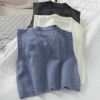 

2020 autumn new women sweater vest v-neck solid sleeveless loose short all match casual pulls outwear tops