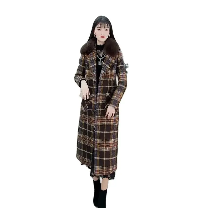 Female Mid-length Houndstooth Woolen Coat 2022 Women Winter New Temperament  Cotton Thick Large Fur Collar Plaid Jacket A808 воздухоочиститель bork a808