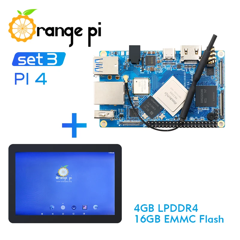 Оранжевый Pi 4 набор 3: OPI4+ 10,1 дюймовый сенсорный ЖК-экран, 4 Гб DDR4+ 16 Гб EMMC Flash макетная плата с поддержкой Android, ubuntu, debian