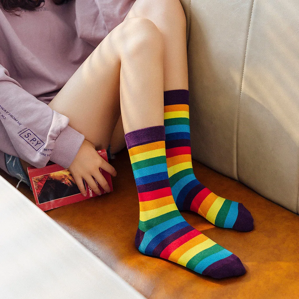 Unisex Cotton Socks New Rainbow Striped Pile Of Socks In The Tube Autumn Winter Fashion Casual Sports College Wind Pile Socks DH