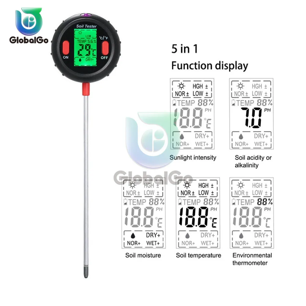 

5 in1 Soil pH Tester Gardening Plant Flower Soil Alkalinity Acidity Temperature Sunlight Digital Ph Meter Analyzer Tool