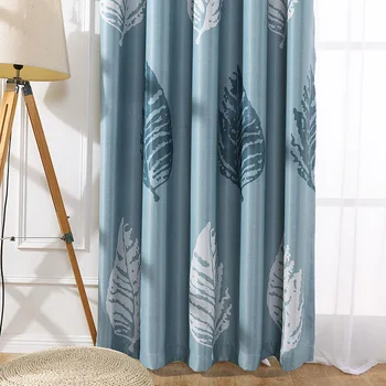 

2019 Fashion Single-sided Leave Patterns Printing Curtains for Living Room for Bedroom Blue Modern and Simple European Style