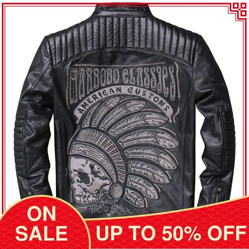 

2020 Black Men Slim Fit Motorcycle Style Leather Jacket Genuine Cowhide Autumn Skulls Embroidery Short Natural Biker's Coat