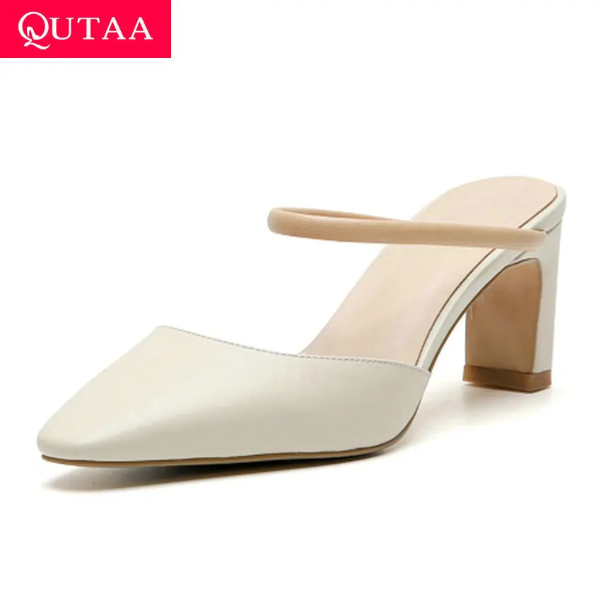 

QUTAA 2020 Quality Cow Leather Slingback Sandals Pointed Toe Concise Ladies Pumps Square High Heel Slip on Women Shoes Size34-40