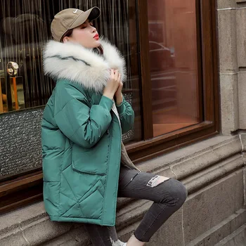

Medium Long Down Parkas Womens Winter Jackets Casual Fur Collar Hooded Jacket Warm Thick Coat Plus Size Big Pocket Women's Coat