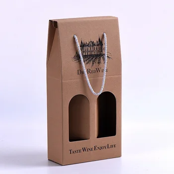 

100pcs Double Red Wine box Window Kraft Paper Gift Box Portable Wine Box 38*18.5*8.5CM WB1808