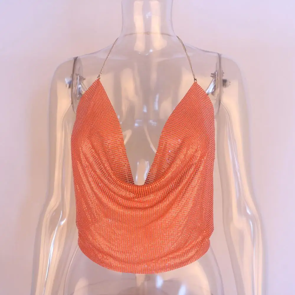 Оранжевый European station fashion women's swimwear nightclub low-cut backless metal sequins tether chain straps deep V exposed navel vest - Цвет: Оранжевый