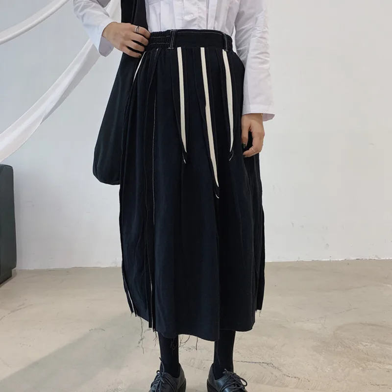 

LANMREM 2020 Stitching Skirt Female Thick Double-layer Spring New Elastic Waist Stripe High Waist Long Skirt PC015