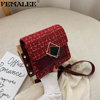 

Designer Lock Tweed PU Leather Flap Chains Leisure Wool Shoulder Bag Korean 2019 New Fashion Cross Body Bag Trendy Crossbody Bag