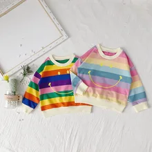 Коллекция года, повседневные осенние детские свитшоты для мальчиков и девочек пуловер с длинными рукавами в радужную полоску с изображением улыбки топы, свитшоты S9462