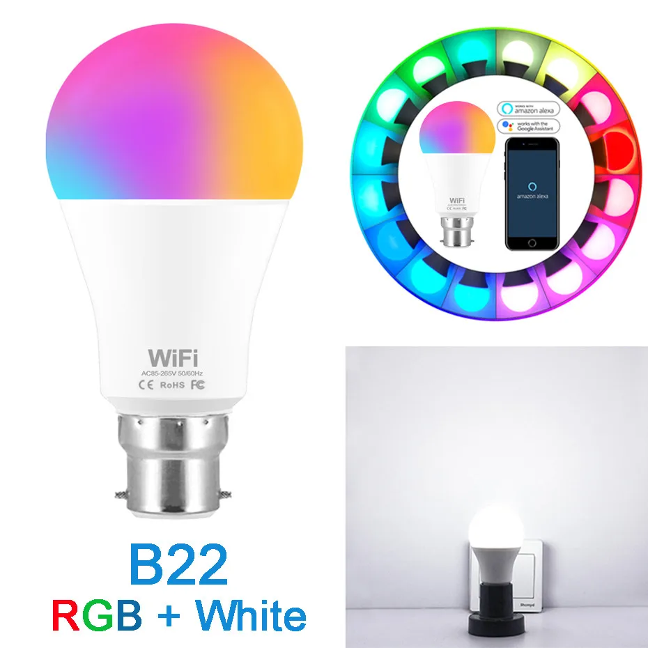 E27 смарт-лампочка Wifi RGB теплый/холодный белый пульт дистанционного управления с помощью приложения B22 AC 85-265V Светодиодный Wifi ламповый светильник для работы с Google Home Assistant - Испускаемый цвет: B22 Cold White