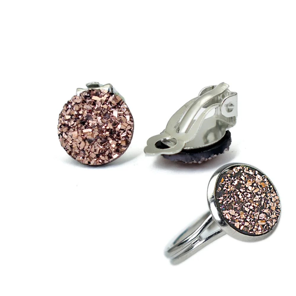 2PCS Wedding Round Jewelry Sets Non Pierced Blue Druzy Resin Stone Ear Clip Earrings For Women Adjustable Open Finger Ring Set - Окраска металла: color 6