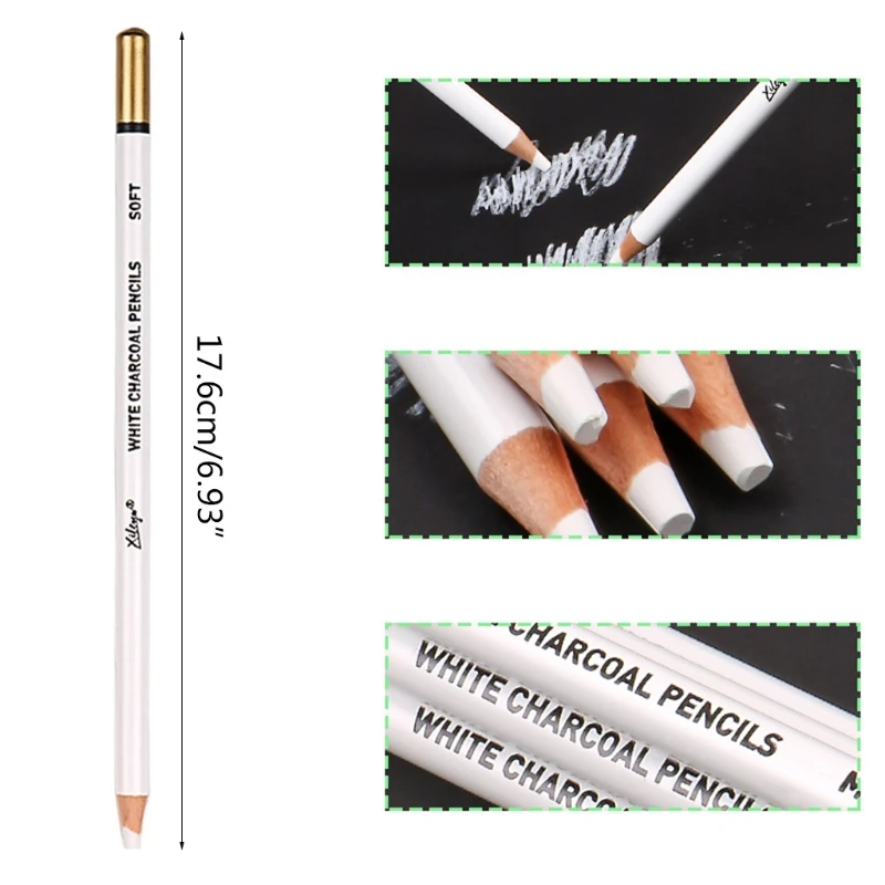 Set of 6 Prmeium White Charcoal Pencils Set 3 Pcs Soft 3 Pcs Medium Sketch Highlight White Pencils for Ideal for Drawing