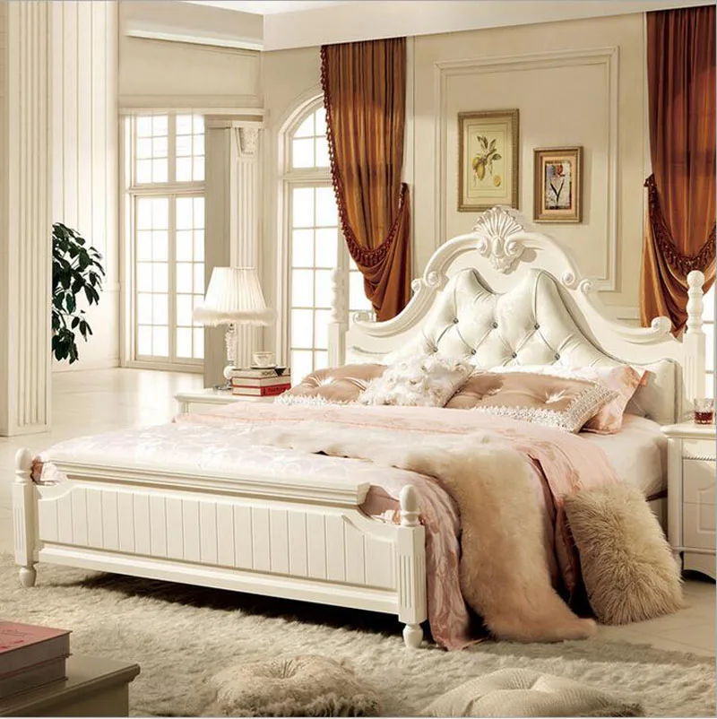 

modern european solid wood bed Fashion Carved leather french bedroom furniture pfy10018