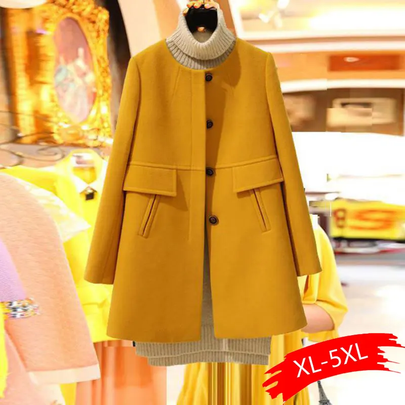 

New 2019 Spring Autumn Plus Size Wool Coat Women Loose A-aline Long Sleeved O-neck Medium Long Black Yellow Korean Coat Casacos