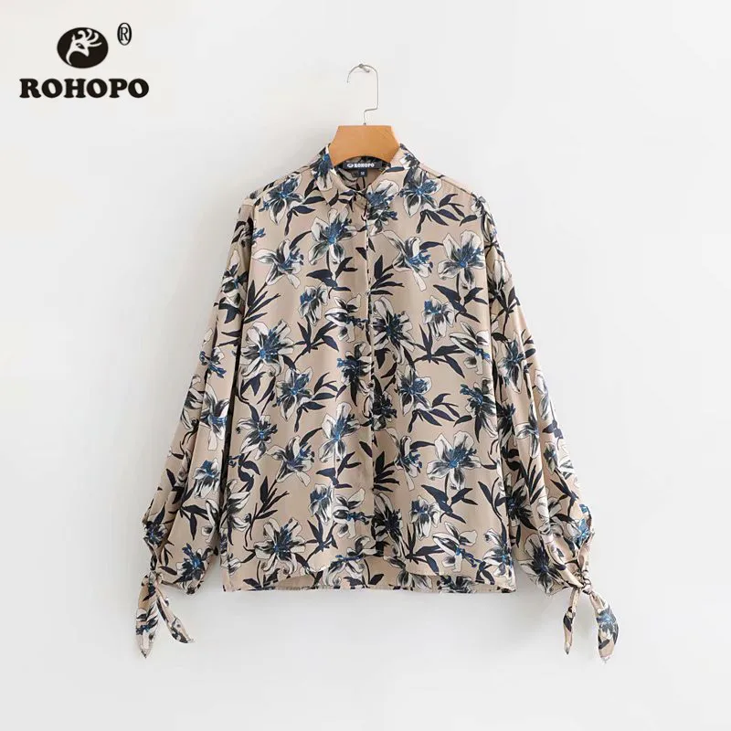 

ROHOPO Iris Flower Tie Cuff Autumn Floral Long Sleeve Khaki Blouse Flared Hem Ladies Elegant Top Shirt #6778