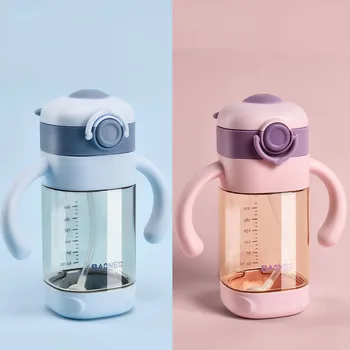 

2020 NEW 2 Use Cartoon Portable Baby Feeding Water Drink Straw Water Bottle Sippy Cup with Handle＆Sling Learning Drink Tritan