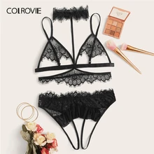 COLROVIE, черное кружевное белье в цветочек, набор с чокером, женские прозрачные Bralettes нижнее белье, одноцветные сексуальные комплекты, стильный женский комплект с бюстгальтером