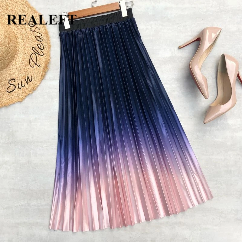 

REALEFT New 2022 Elegant Stain Women's Pleated Skirts Gradient Spring Summer High Waist Umbrella Long Skirts Female Tulle Skirts