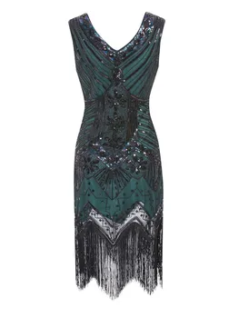 

Custom Size Vintage 1920s Flapper Great Gatsby Dress Summer Fancy Costumes V-Neck Cap Sleeve Sequin Fringe Party Midi Dresses