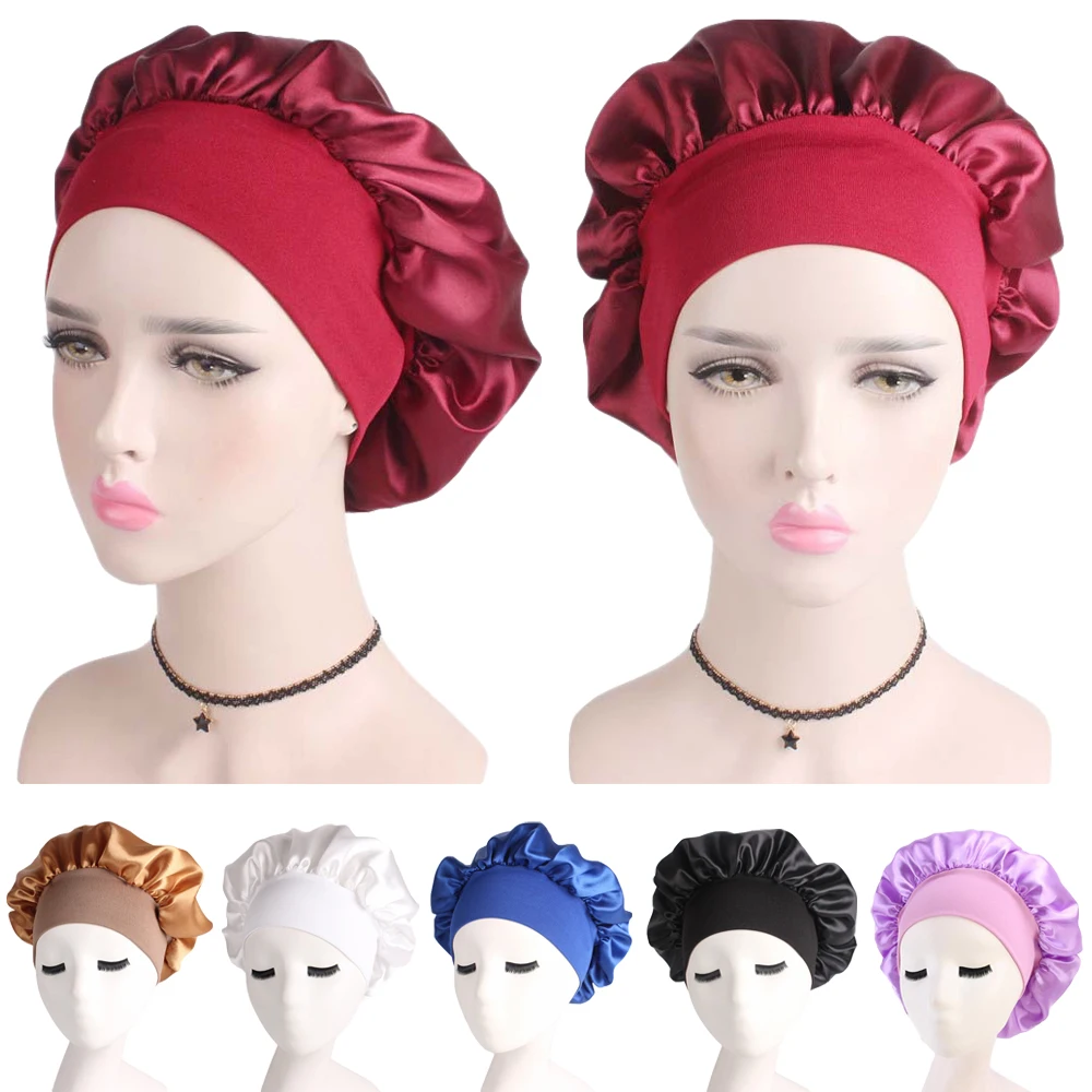 Women Satin Cap Night Sleep Hair Protect Head Cover Wide Band
