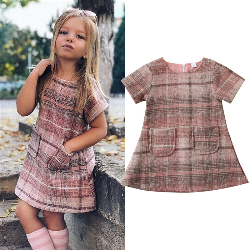 2020 Baby Summer Clothing 1-6T Boutique Kid Girls Plaid Mini Dress Princess Short Sleeve Pocket Party Sweet Cute | Детская одежда и