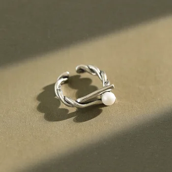 

Retro Authentic 925 sterling silver Roped Twisted & Shell Pearl Ring adjust Geometric Jewelry TLJ1225