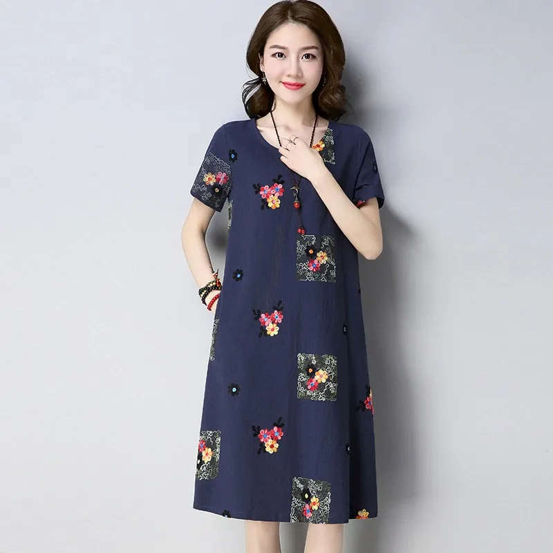 

Women's Vintage Floral Print Dress O-Neck Short Sleeve Embroidering Flower Loose Dress Vestidos Summer Dresses