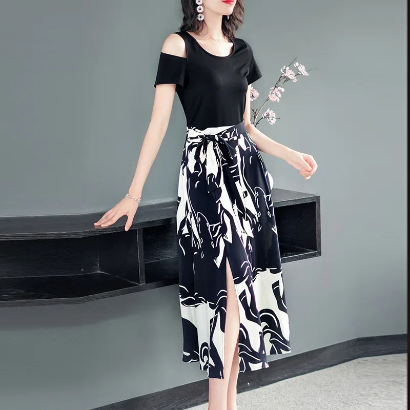 

Off-Shoulder Dress 2019 New Style Summer Elegant Waist Hugging Slimming Mid-length Big Hemline Slit Skirt WOMEN'S Dress