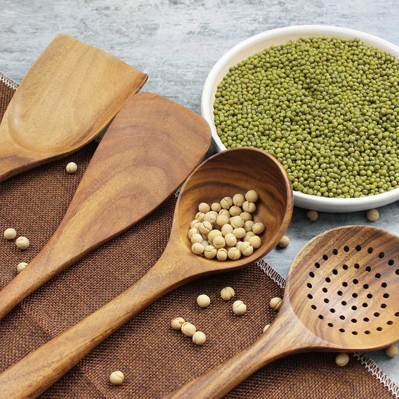 Деревянная кухонная утварь, деревянные ложки для приготовления пищи, деревянные ложки для антипригарной посуды, Органическая Тиковая деревянная кухонная утварь с спа