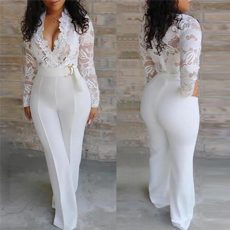 

Two Piece Set Women Autumn 2020 Tracksuits Women Sexy Suit Long Sleeve Lace Sheer Belt Top Straight Pants Outfit 
