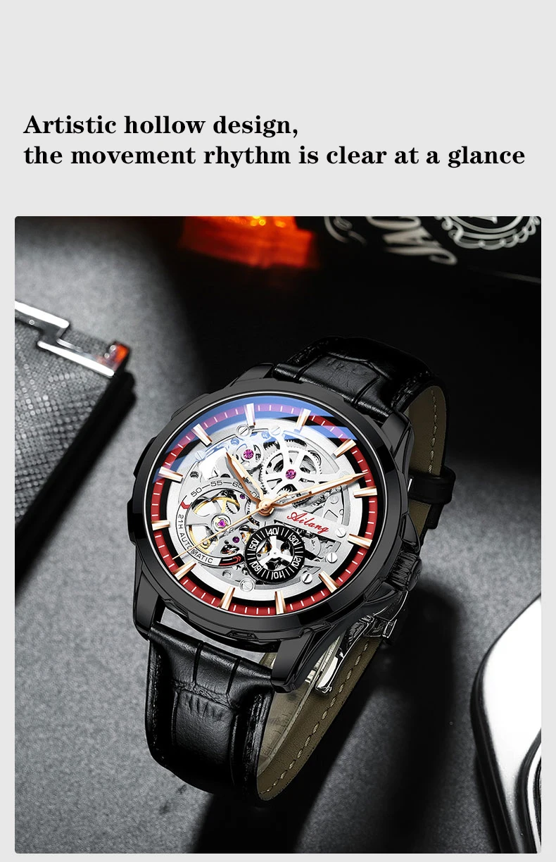 AILANG Herren Retro-Sportuhr mit großem Zifferblatt, Tourbillon-Hohldesign, wasserdicht, automatische mechanische Uhr, Metallarmband – Detail 10