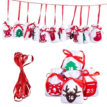 

24PCS Christmas Advent Calendar Countdown Bag Hanging Flannel Candy Gift Sacks Pouch With Rope Home Christmas Decoration