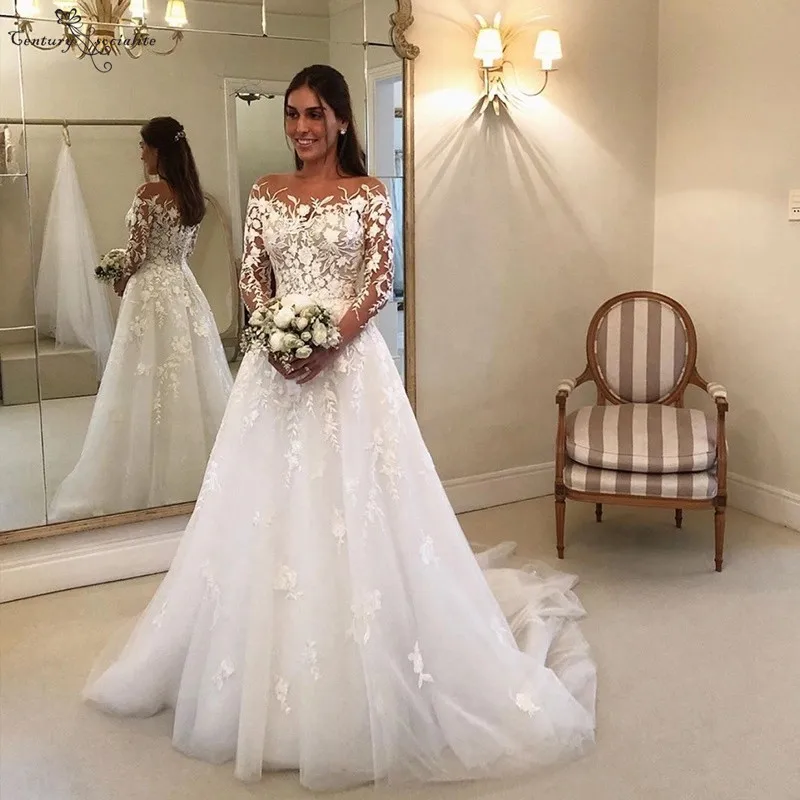 Boho свадебный наряд одежда с длинным рукавом Кружевное, из легкой ткани, с аппликацией Совок с пуговицами на спине пляжные свадебные платья; обувь под свадебное платье для невесты; Robe De Mariage