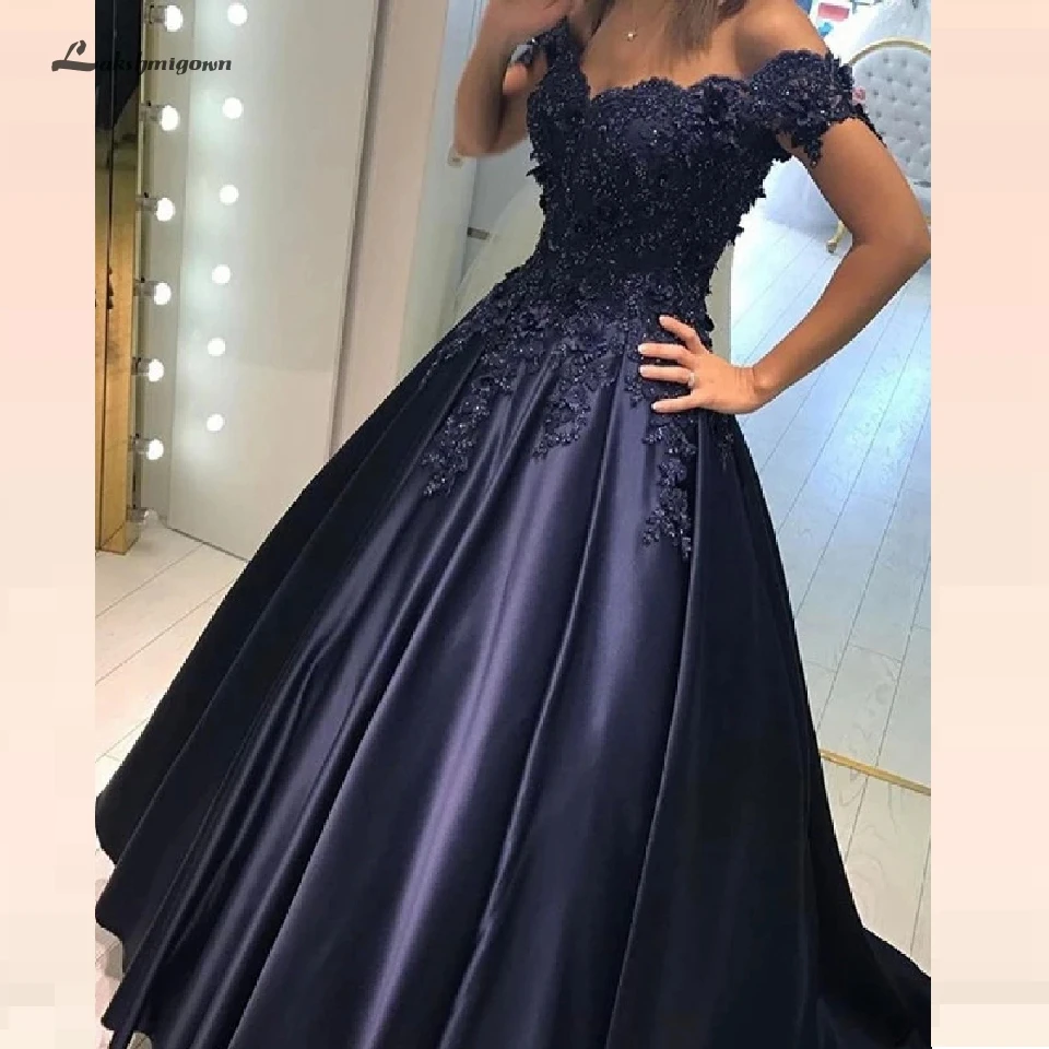 

Off Shoulder Wedding Dress Satin Plus Size Green/Burgundy/Blue Wedding Gowns 2020 Muslim Bridal Gown Lace Beaded Appliques