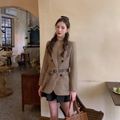 

Vintage Women Blazer Elegant Plaid Suit Jacket Outwear Work Style Grid Women Suit Blazer With Sashes St235