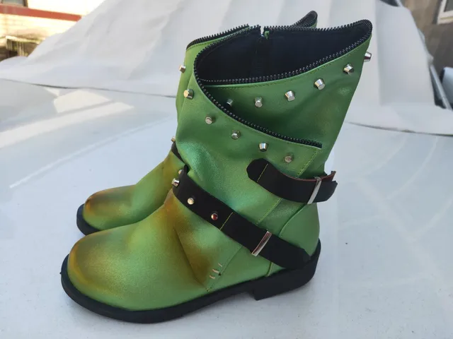 Vogue Retro Rivet Motorcycle Boots Women Leather Ankle Boots Nice Gothic Autumn Buckle Low Heel Short Boot Cowboy Shoes green A
