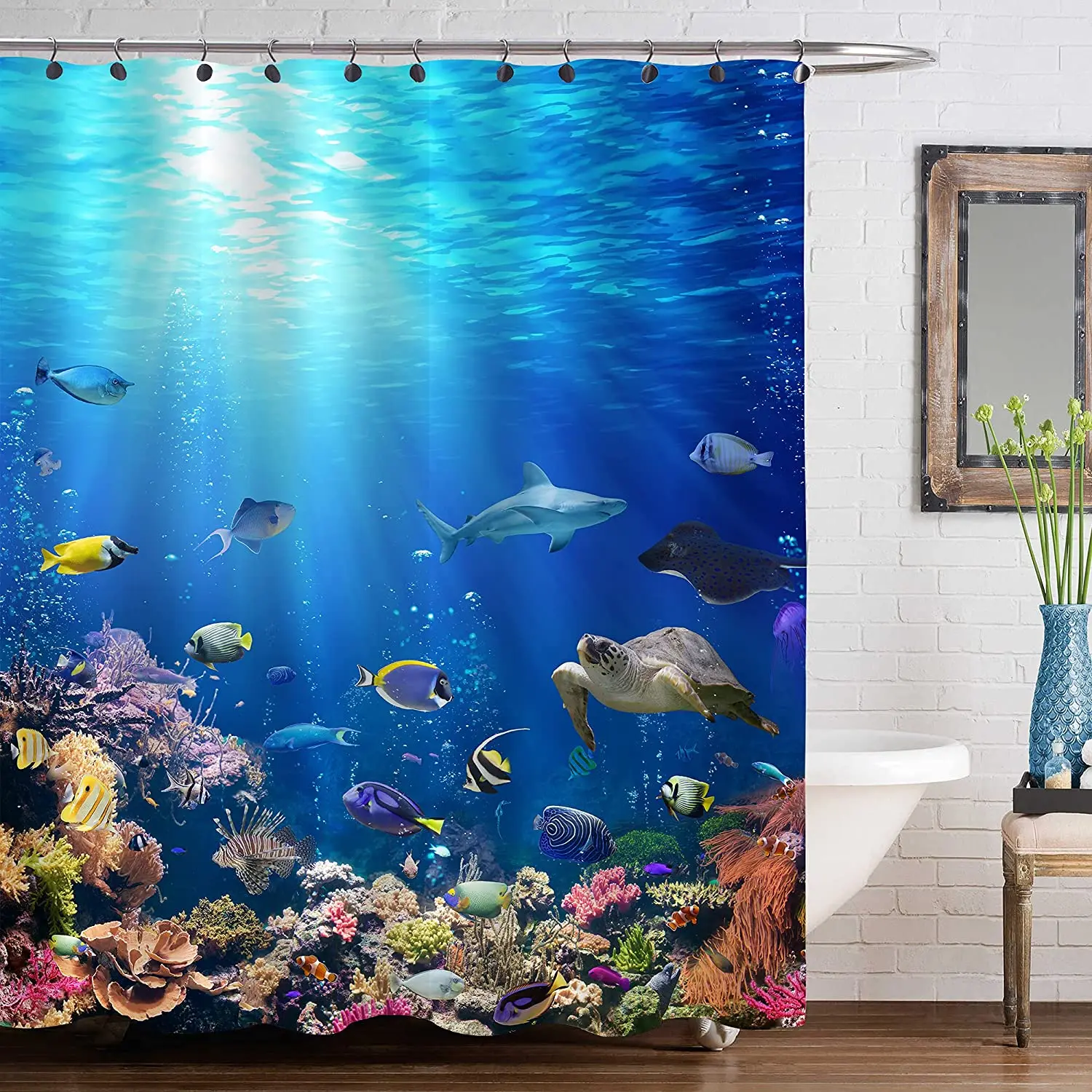 Underwater World Dolphin Tropical Fish Mermaid Shower Curtain Waterproof Fabric 