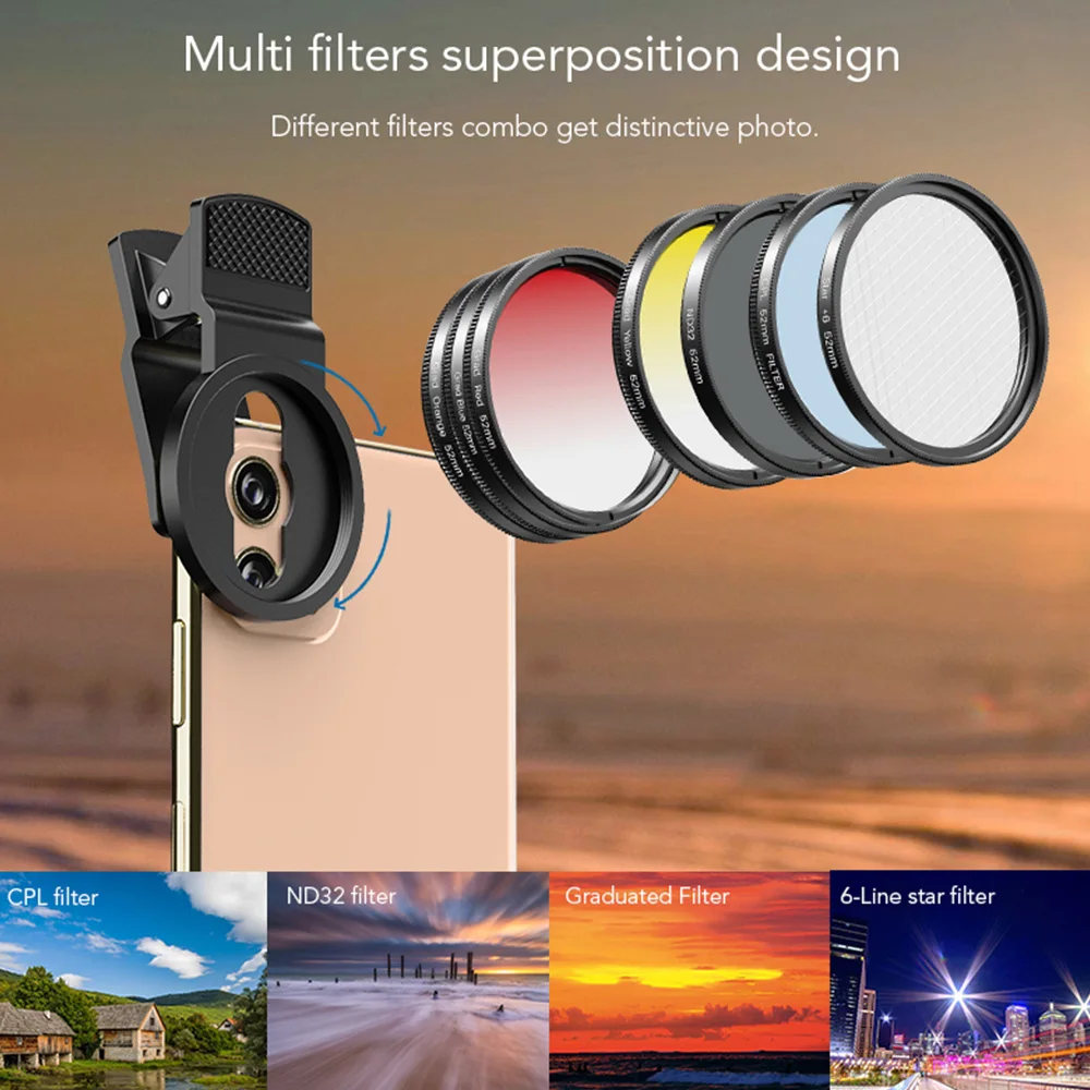 mobile camera lens APEXEL APL-52UV-7G 7in1 Lens Filter Kit 52mm ND32 Filter Lens CPL Lens 6-Point Star Filter 52mm Grad Filters for iPhone xiaomi mobile lens 18x25