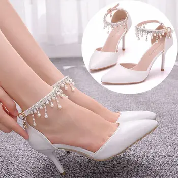 

Crystal Queen White Pearls Tassel Chain Sandals Thin High Heels Pointed Toe Sandals Mary-Janes Sandals White Weddding Sandals