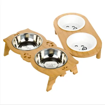 

New High-end Pet Bowl Bamboo Shelf Ceramic Stainless Steel Feeding and Drinking Bowls for Dogs and Cats Pet Feeder Accessories