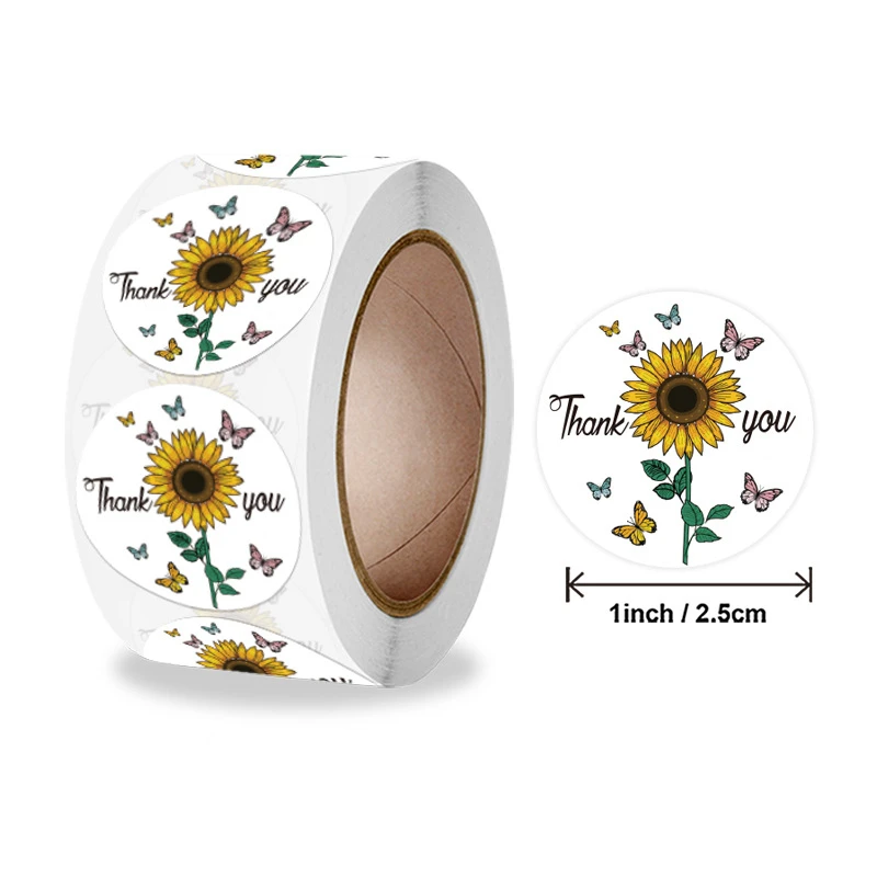100-500 Pcs 1 Inch Sunflower Flowers Thank You Label Sticker for Gift Card Package Party Wedding Wrapping Small Business