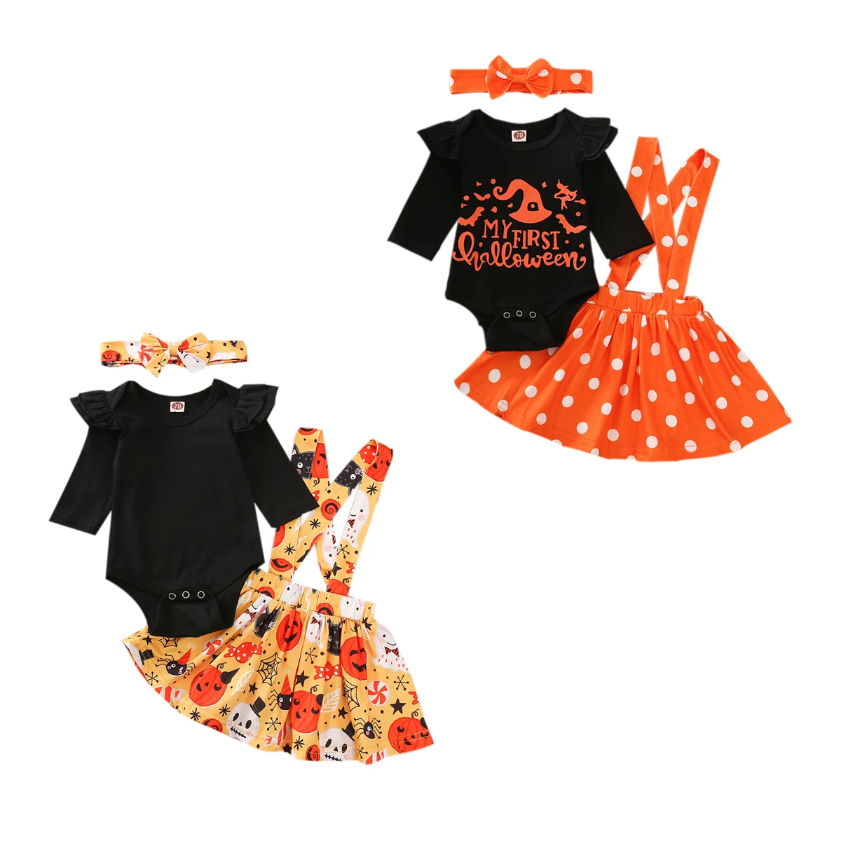 Infant Baby Girl’s Skirt Three Piece Suit Fashion Solid Color Long Sleeve Jumpsuit Pumpkin Print Suspender and Headband |