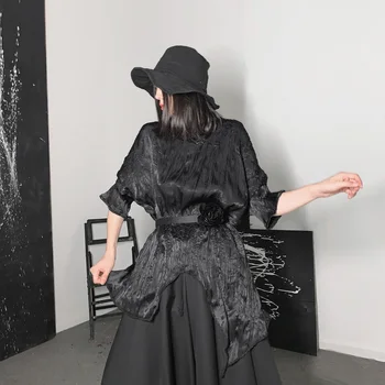 

[] Women Pleated Asymmetrical Big Size T-shirt New Round Neck Three Quarter Sleeve Fashion Spring Autumn 2020 19A-a685