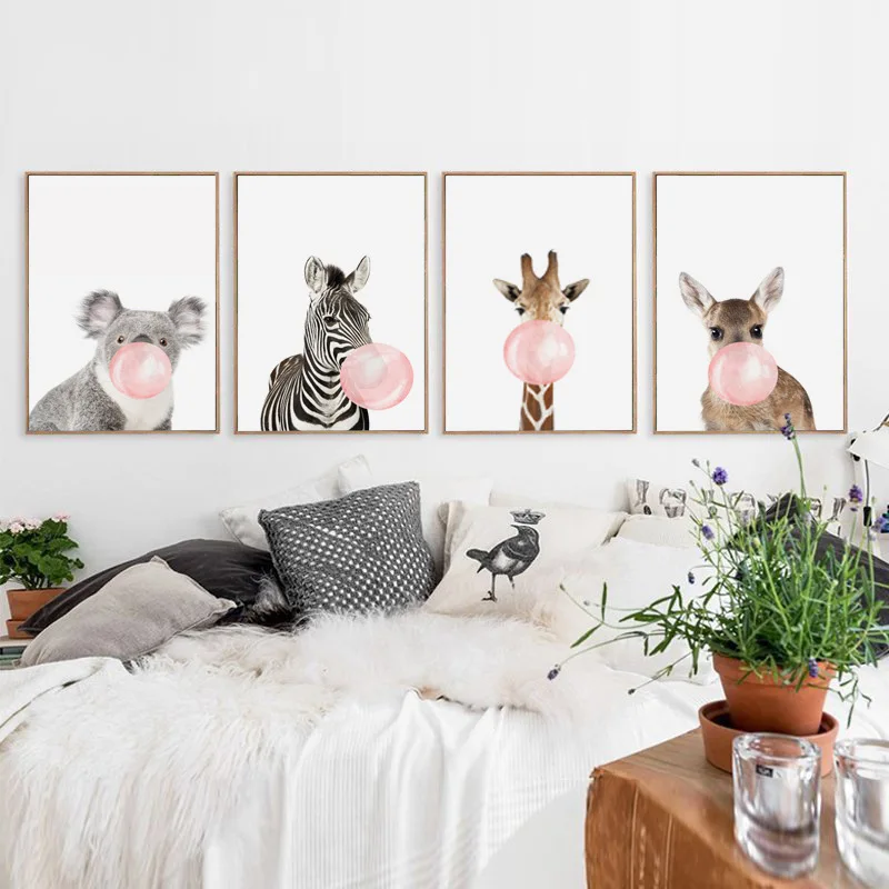 Baby Animal Pink And Blue Bubble Poster Nursery Canvas Wall Art Print Zebra Giraffe Painting Nordic Kids Bedroom Decor No Frame | Дом и сад