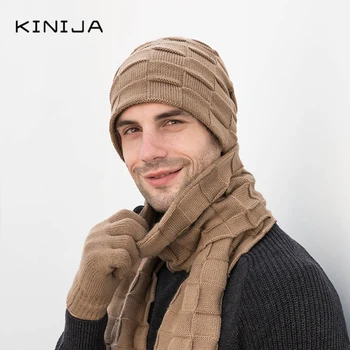 

Men winter Warm wool Plush Glove hat scarf 3-piece Touch screen glove Coldproof hat protective neck face hand knitted hat Beanie