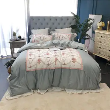 

4Pcs Chic Ruffle Embroidery Patchwork Duvet Cover Set Egyptian Cotton Ultra Soft Queen King Size Bedding Set Flat Bed sheet set